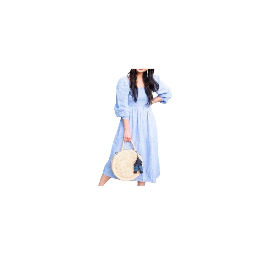 J. CREW DAYDREAM SMOCKED LINEN MIDI DRESS IN FRENCH BLUE SIZE EXTRA LARGE TALL.